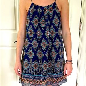Sweet Wanderer patterned blue mini dress size small